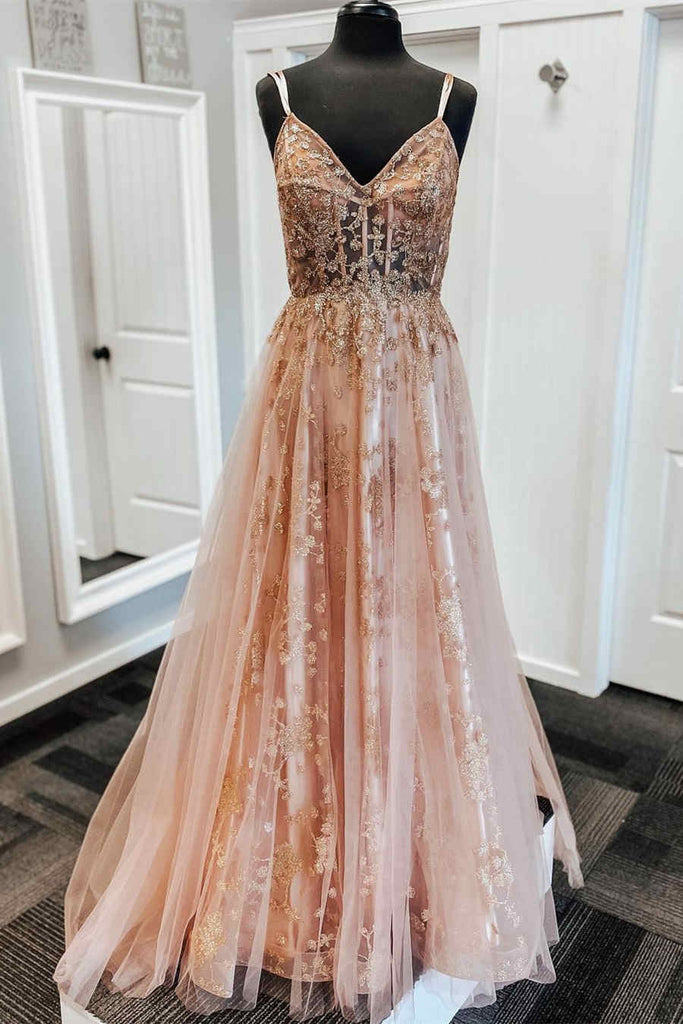 a line straps blush pink tulle prom dress with sparkly sequin