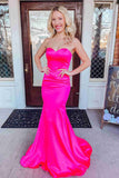 sweetheart hot pink satin mermaid prom dress simple formal gown