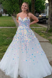 A-Line Sweetheart White Sequined Long Prom Dress, Unique Formal Gown GP265