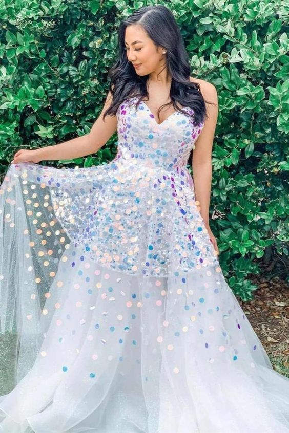a line sweetheart white sequined long prom dress unique formal gown