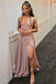 a line v neck sparkly pink long prom dress high slit evening gown
