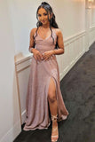 A-Line V-neck Sparkly Pink Long Prom Dress, High Slit Evening Gown GP264