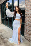 Puffy Sleeves Two Piece Sequin Prom Dress, Elegant Slit Evening Party Gown GP276