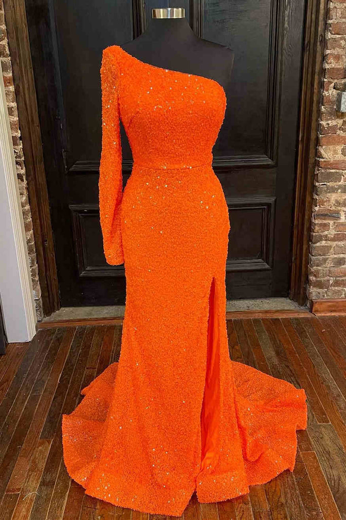 orange long sleeve sequined mermaid prom dress with slit