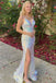 stunning spaghetti straps mermaid white sequined prom dress slit evening gown