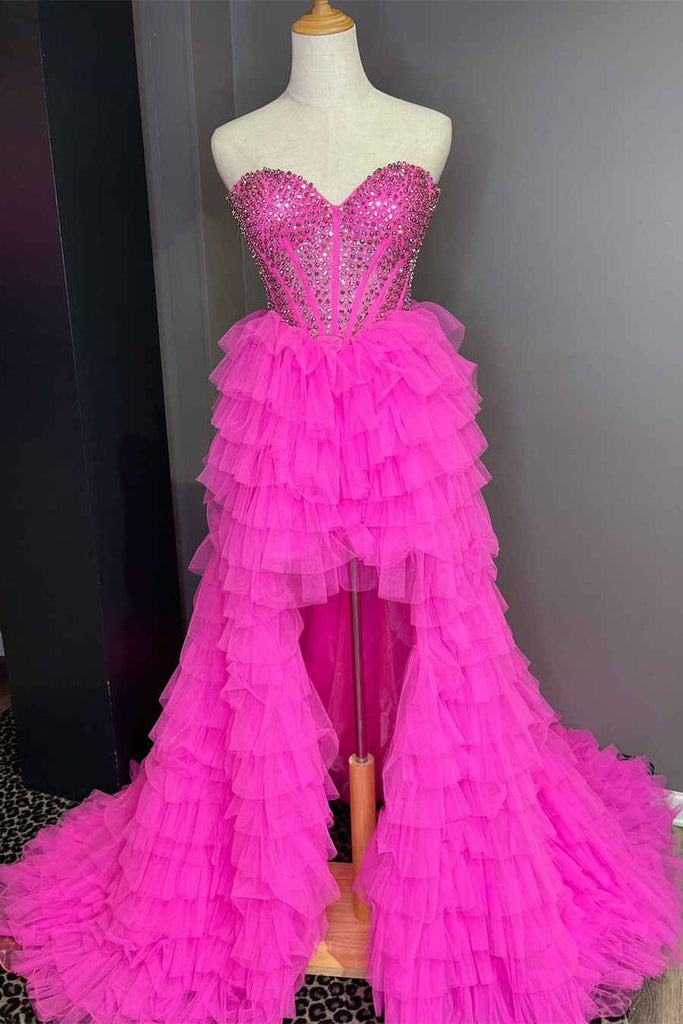 hot pink hi low beaded sweetheart prom dresses tulle tiered formal gown