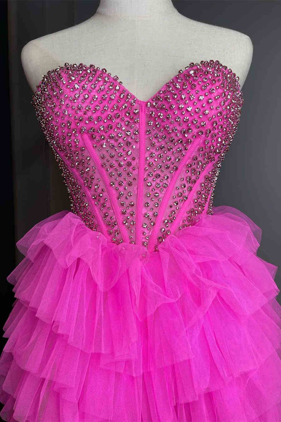 Hot Pink Hi-Low Beaded Sweetheart Prom Dresses, Tulle Tiered Formal Gown GP273