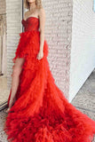 Hot Pink Hi-Low Beaded Sweetheart Prom Dresses, Tulle Tiered Formal Gown GP273
