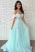 mint green off the shoulder a line formal dress with appliques