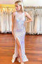 Sheer Crew Neck Beaded White Long Prom Dress, Sparkly Mermaid Evening Gown GP261