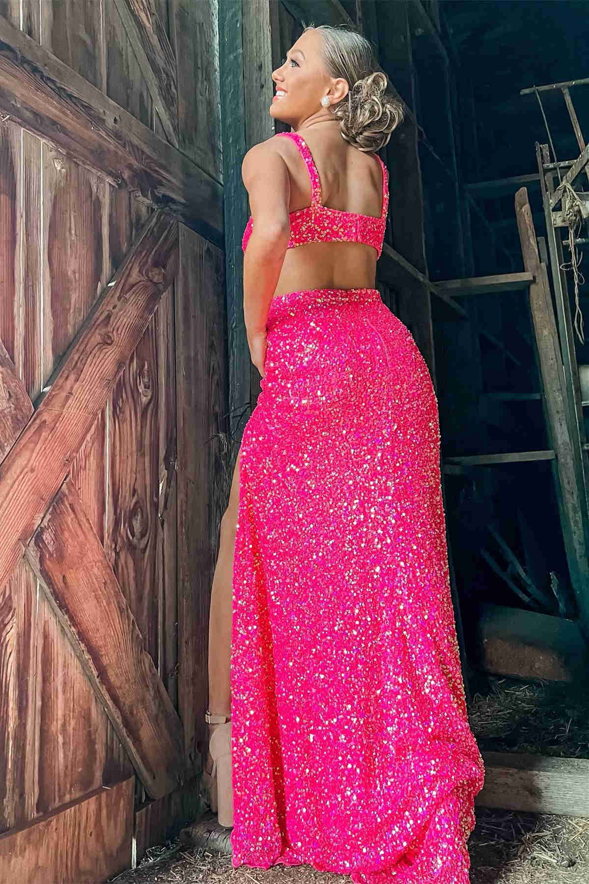 V-Neck Cut Out Hot Pink Sequined Prom Dress with Slit, Backless Evening Gown GP399