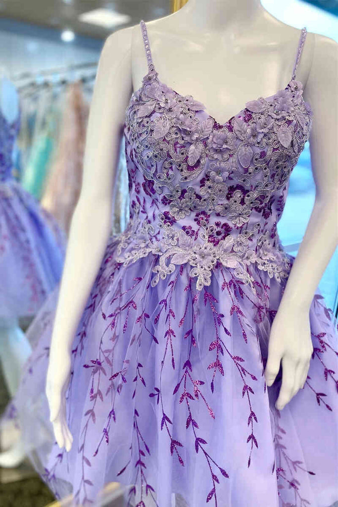 gorgeous lilac straps short homecoming dresses with appliques