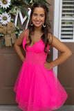 New Short A-Line V-Neck Hot Pink Tulle Homecoming Dresses GM638