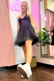 new short a line v neck hot pink tulle homecoming dresses