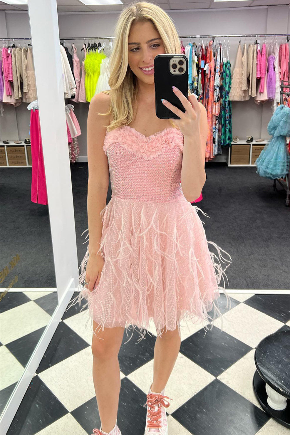 Sweetheart Pink Glitter Grid Short Homecoming Dress with Feathers GM666