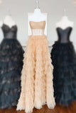 Strapless Pink Layered Tulle Long Formal Dress with Sequins GP535