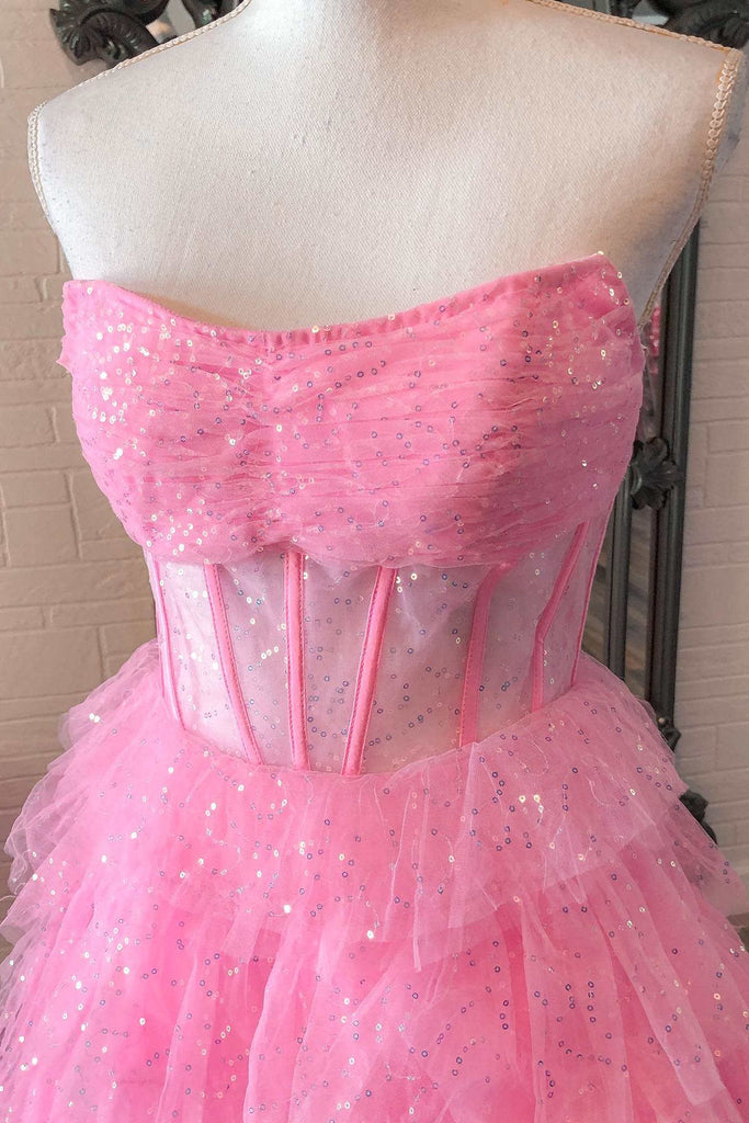 strapless pink layered tulle long formal dress with sequins