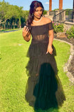 off shoulder black tiered tulle prom dresses short sleeves corset graduation gown