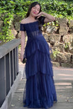 off shoulder black tiered tulle prom dresses short sleeves corset graduation gown