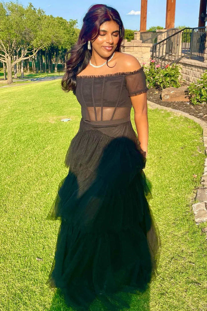 off shoulder black tiered tulle prom dresses short sleeves corset graduation gown