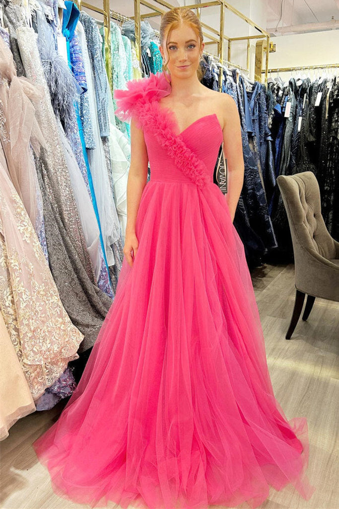 princess one shoulder ruffled tulle prom dresses slit long formal gown