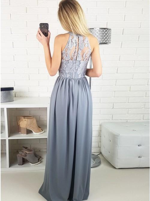 lace round neck floor length satin long prom dress with split