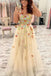 a line long prom dress spaghetti straps v neck floral formal gown
