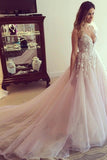 a line v neck appliques tulle wedding dress with open back