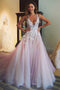 A-line V-neck Appliques Tulle Wedding Dress With Open Back PW296