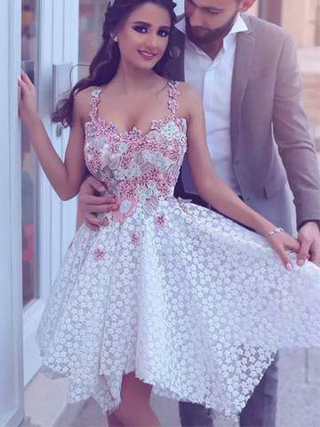 spaghetti straps v neck applique asymmetry short prom graduation dress