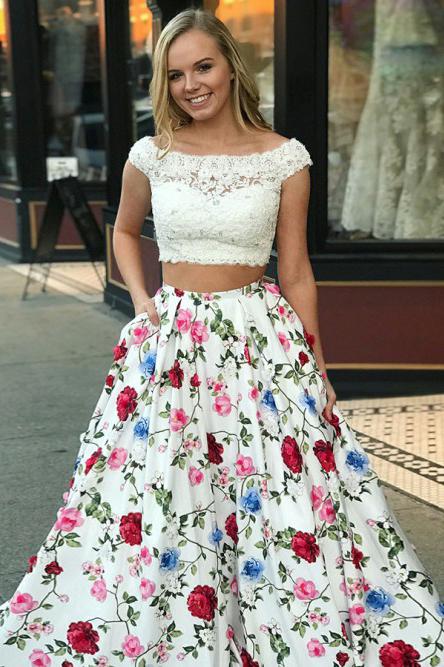 floral printed two piece prom dress cap sleeves with pockets