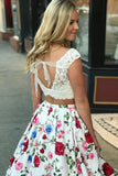 floral printed two piece prom dress cap sleeves with pockets