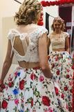 floral printed two piece prom dress cap sleeves with pockets