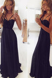 flowy black long chiffon a line prom dress spaghetti straps evening gown