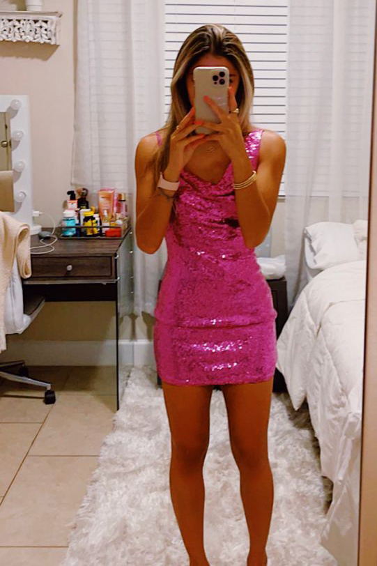 Fuchsia Sequin Bodycon Party Dress Tight Sparkly Homecoming Dress GM502