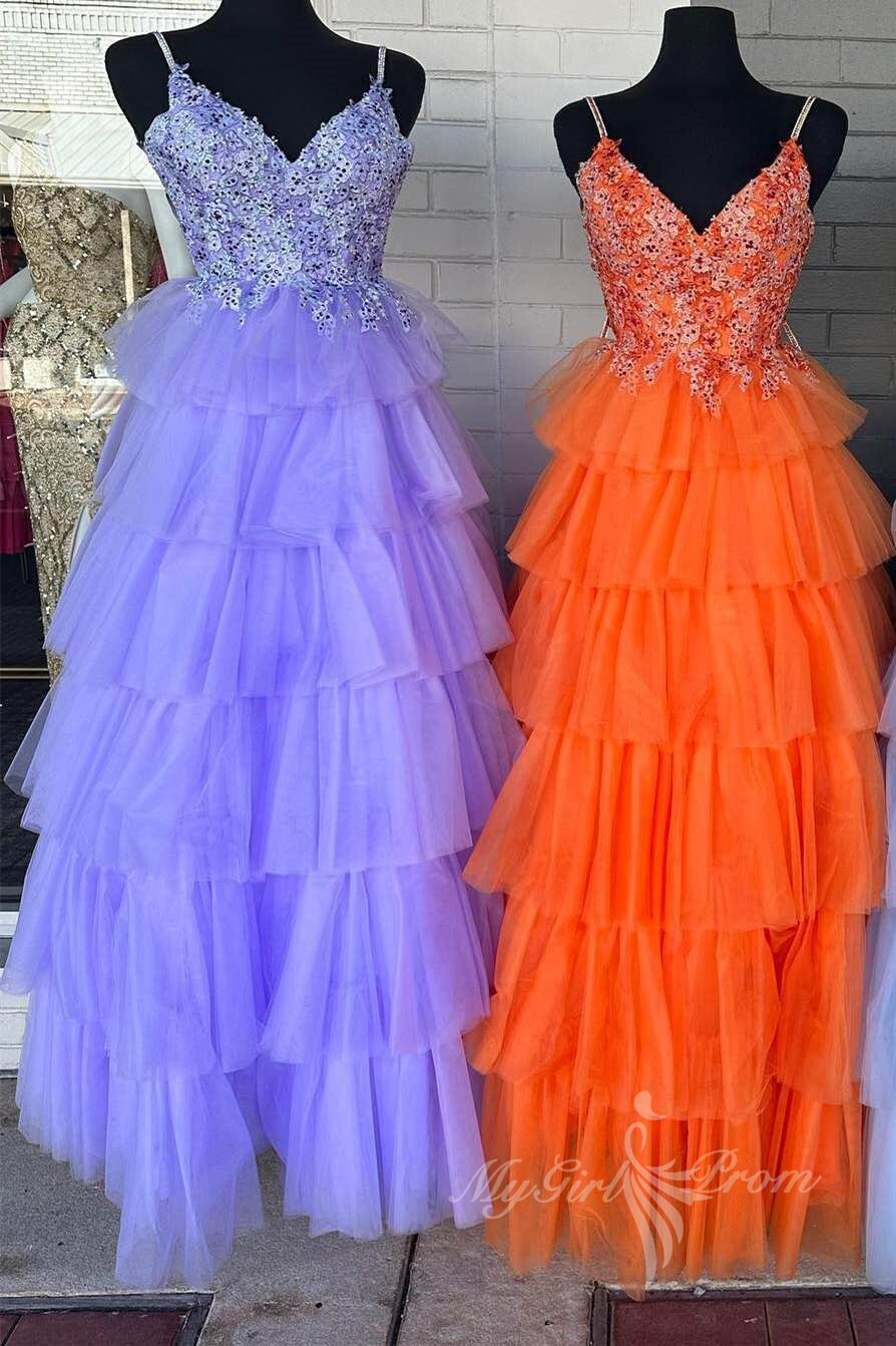 Gergous A-Line Lace V-Neck Tiered Tulle Lavender Backless Prom Dresses GP485