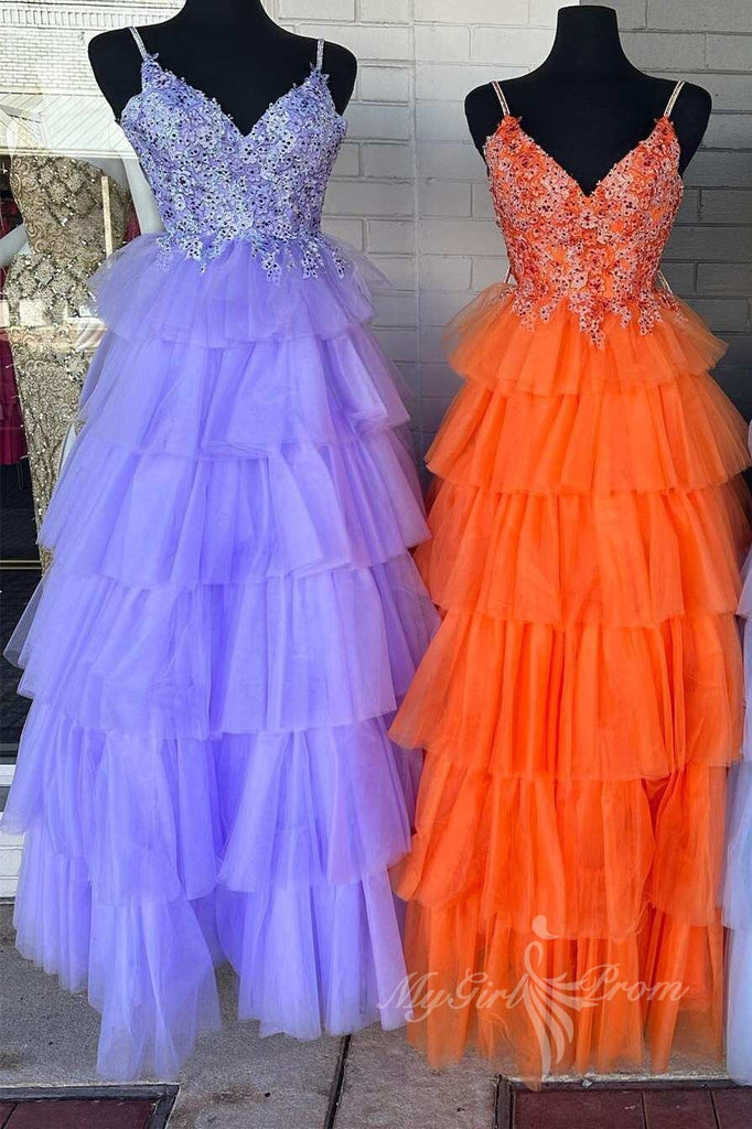 gergous a line lace v neck tiered tulle lavender backless prom dresses