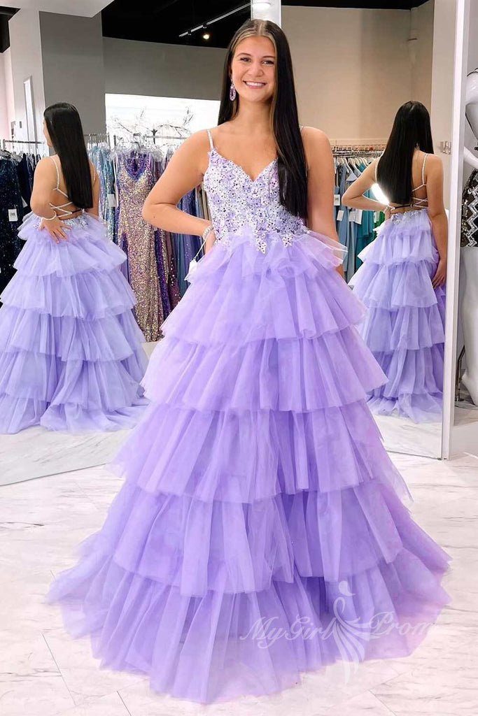 gergous a line lace v neck tiered tulle lavender backless prom dresses