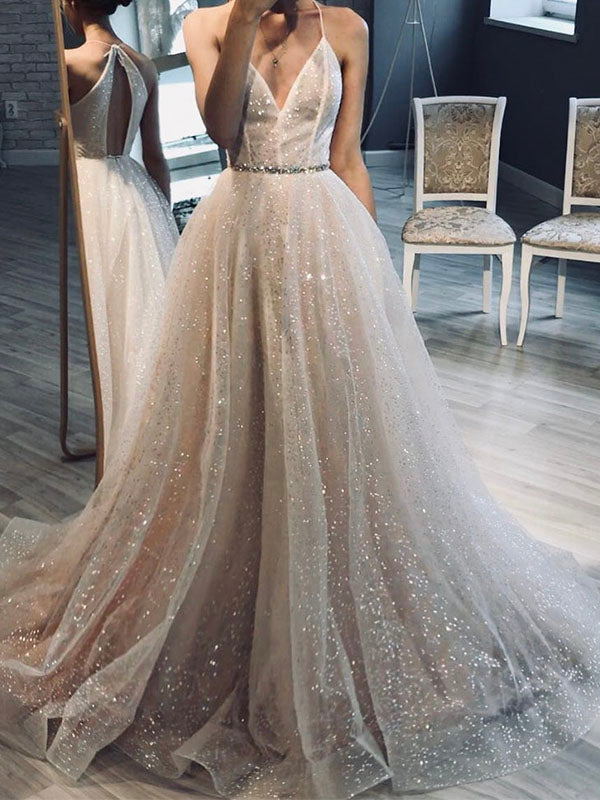 Glitter A-line V-neck Beach Wedding Dresses, Sparkly Bridal Gown PW478