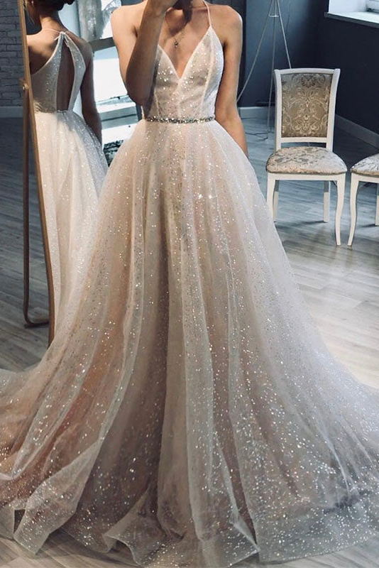 Glitter A-line V-neck Beach Wedding Dresses, Sparkly Bridal Gown PW478