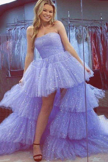 glitter lavender high low tiered prom dresses strapless sweet 16 dress