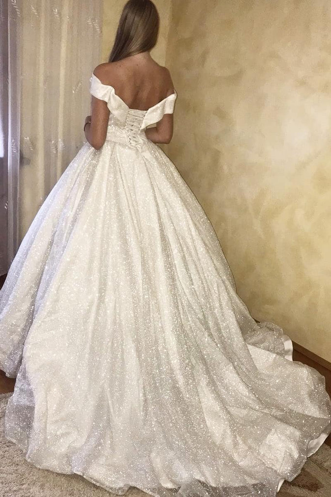 glitter off the shoulder princess ball gown wedding dress