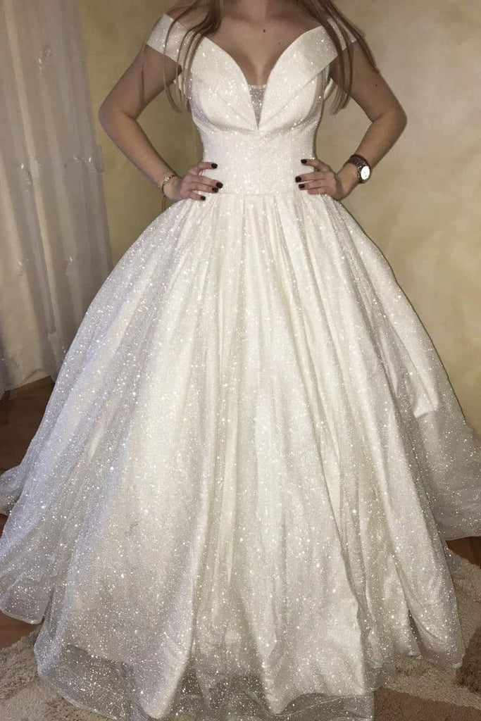 glitter off the shoulder princess ball gown wedding dress