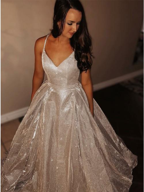glitter princess a line spaghetti straps sequins long prom dress