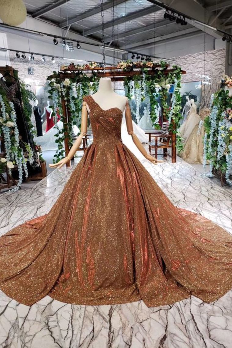 Glitter Sequins One Shoulder Evening Dress Beaded Quinceanera Dress MP340