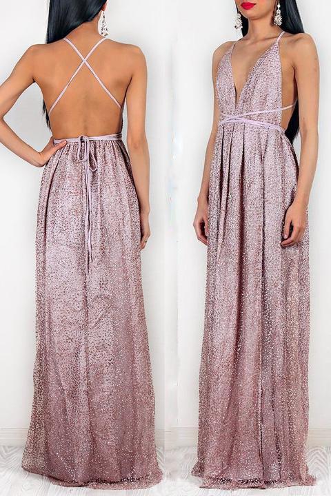 glitter spaghetti straps rose gold backless prom evening dress with split mp895
