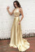 gold open back two piece prom dress a line satin formal gown