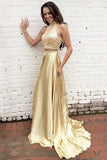 Gold Open Back Two Piece Prom Dress, A-line Satin Formal Gown GP178