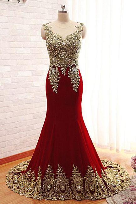 gold beaded appliques mermaid burgundy long prom formal dress