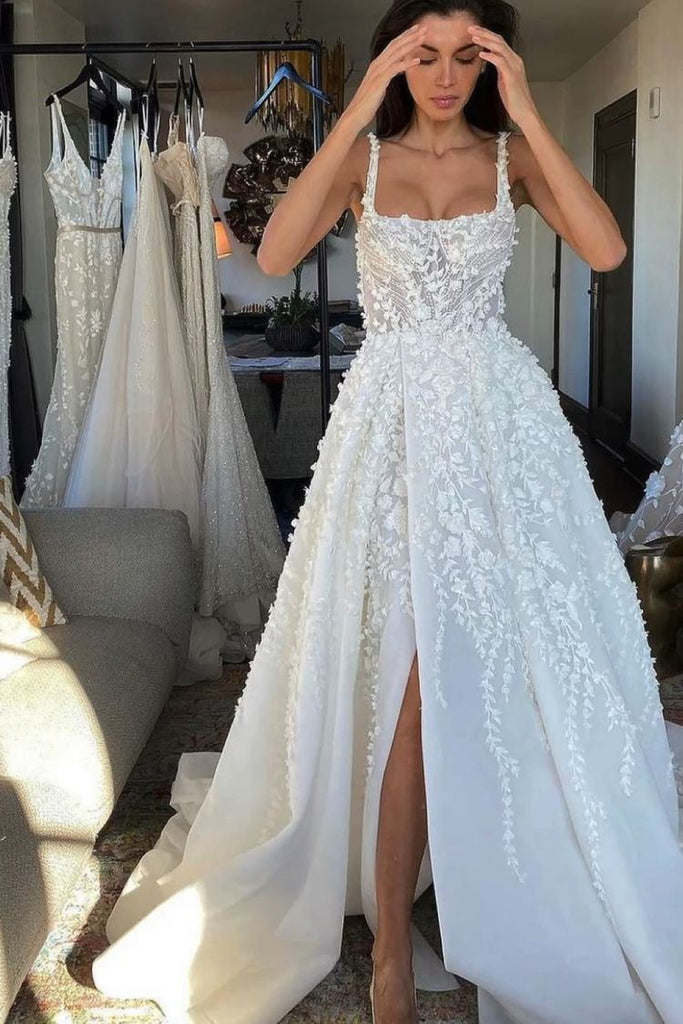 gorgeous 3d floral princess wedding dress straps strapless front slit